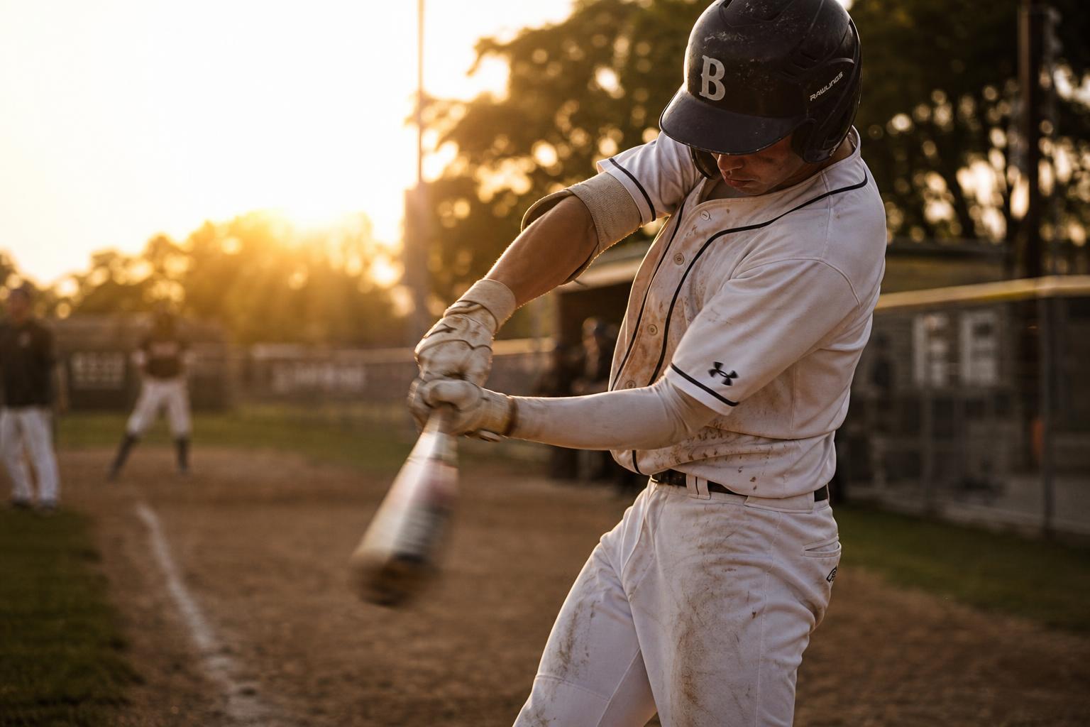 Baseball player training intensely on the field at dusk